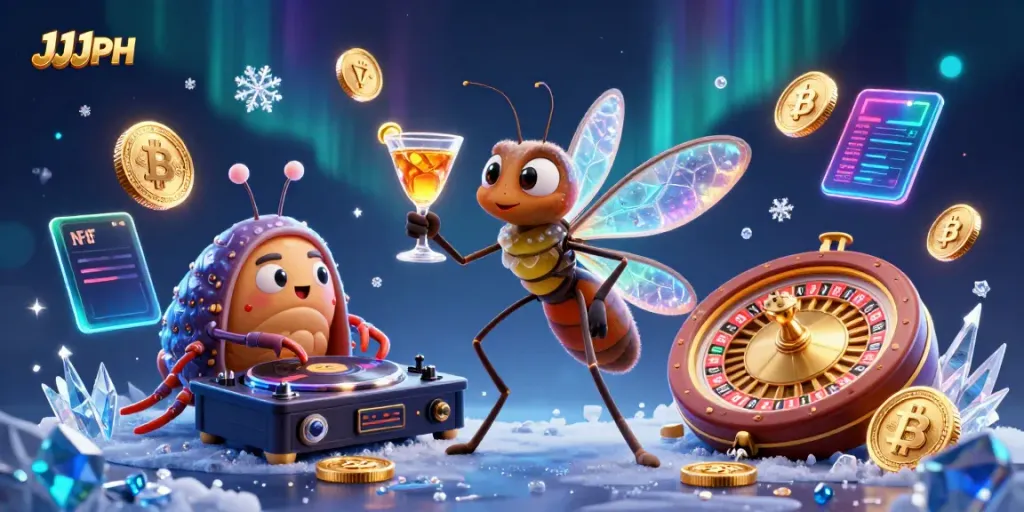 Experience the excitement of JJJPH with a vibrant casino scene featuring unique characters and gaming elements.