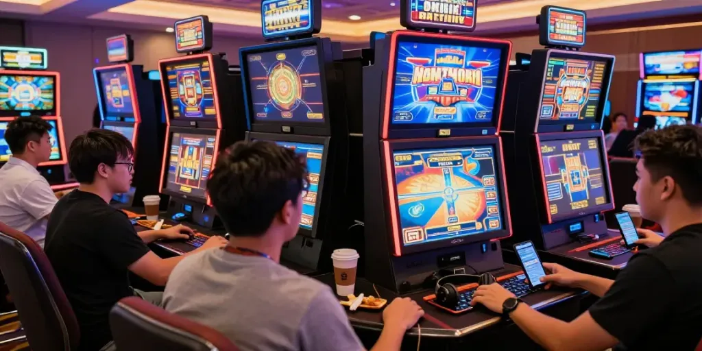 Players enjoying online casinos that accept credit card while engaging with vibrant games and modern gaming setups.