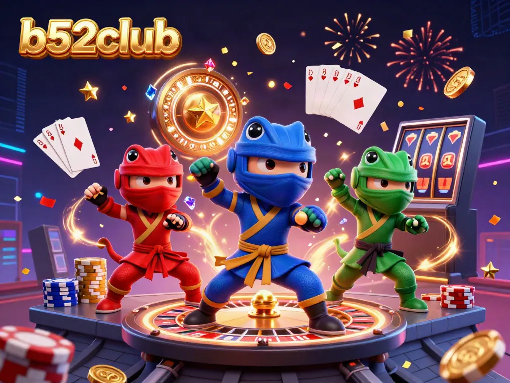Experience dynamic casino action with b52club's ninja chameleons amidst cascading coins and a roulette wheel.