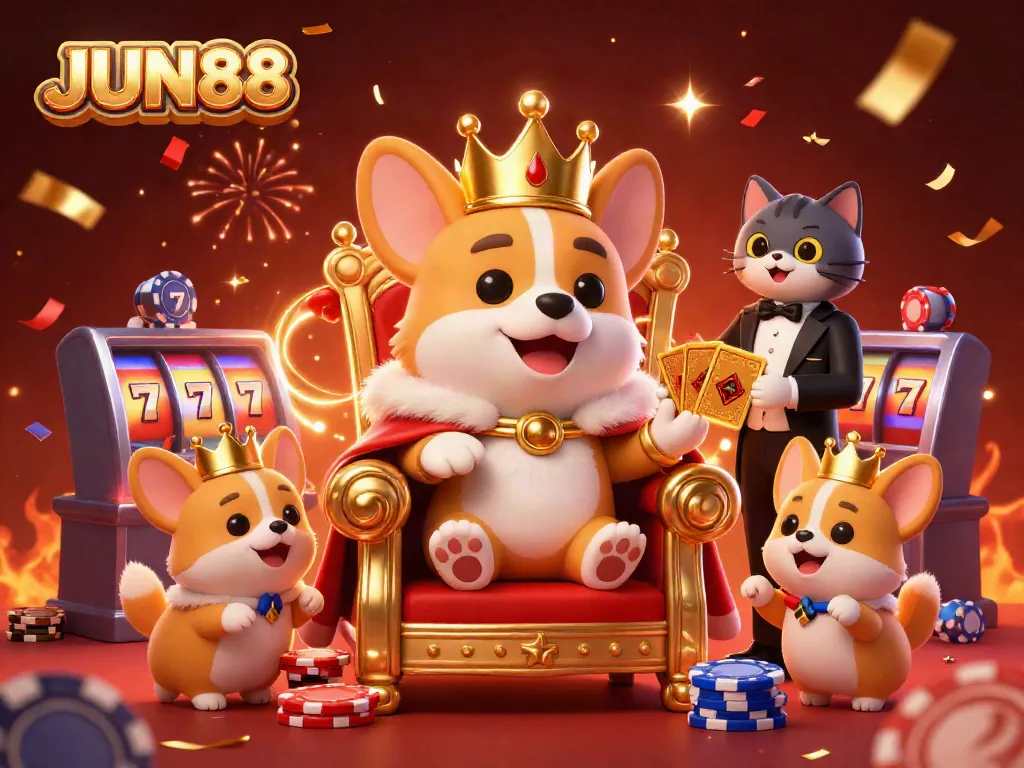 Experience excitement at JUN88 with a lavish royal corgi throne and casino elements!