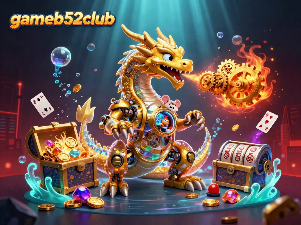 Engage in thrilling gameplay at gameb52club with a golden dragon breathing gears and surrounded by treasure.