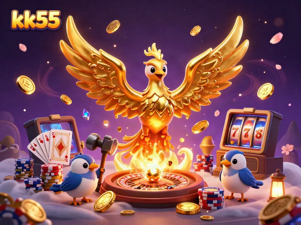 Play the best games at kk55 with a grand phoenix of molten gold symbolizing jackpot wins in a 3D casino.