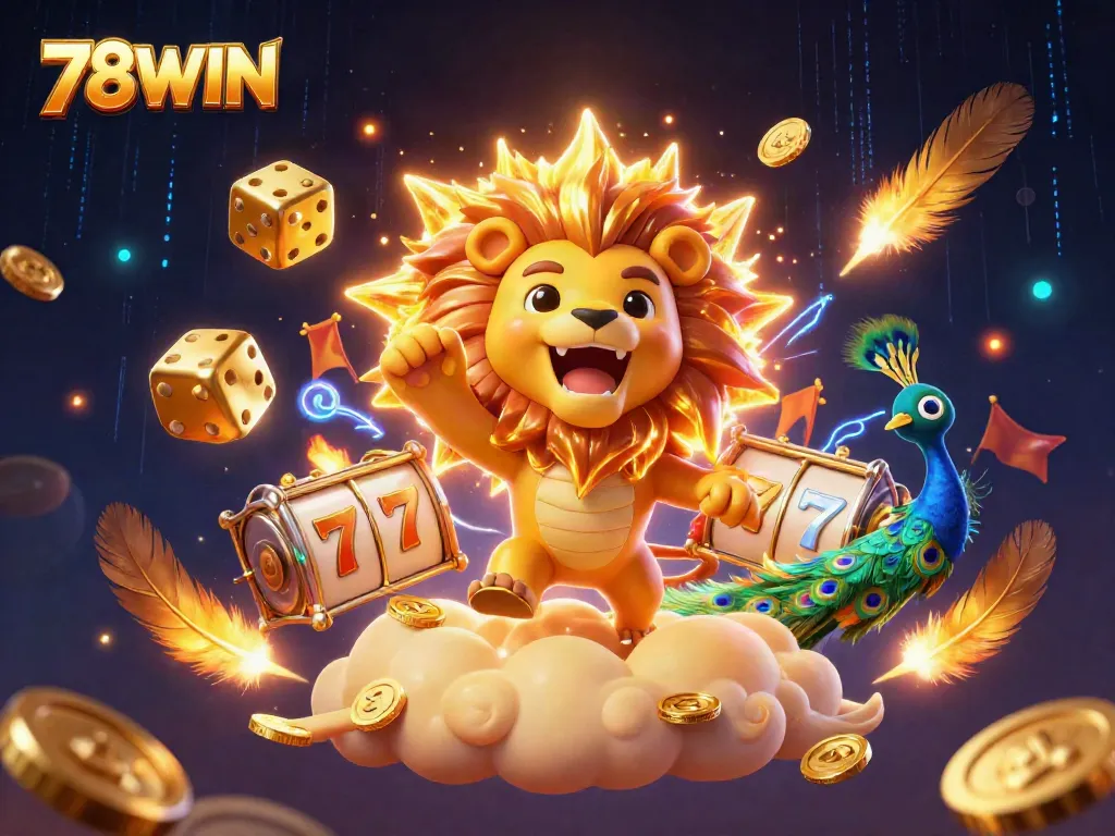 Engage with 78WIN's thrilling slot adventure featuring dynamic golden figures and vibrant casino elements.