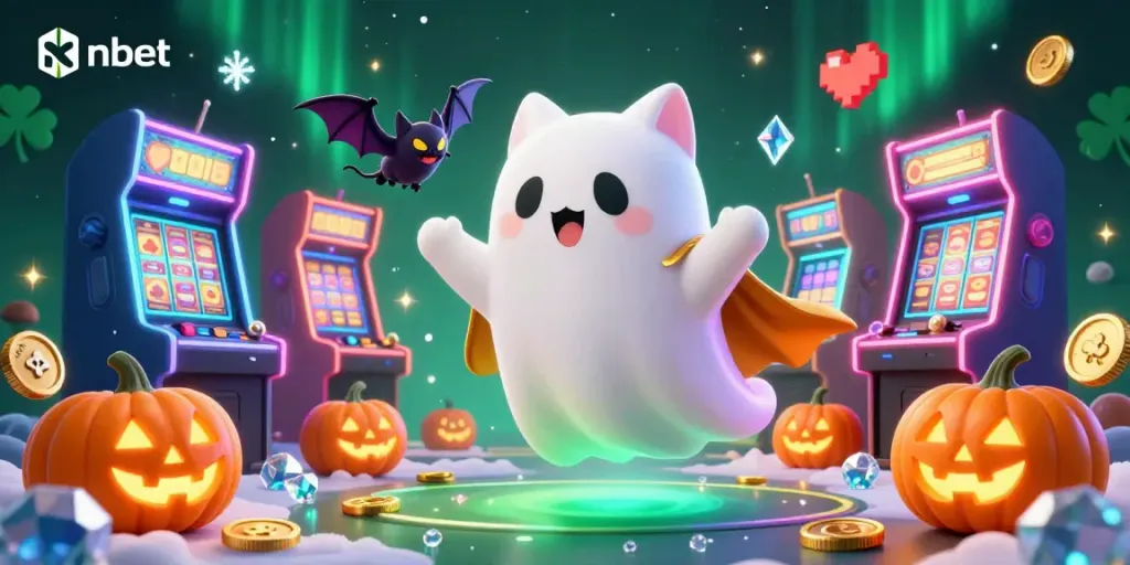 Play interactive ghost cat character at nbet casino with vibrant gaming elements and festive themes.