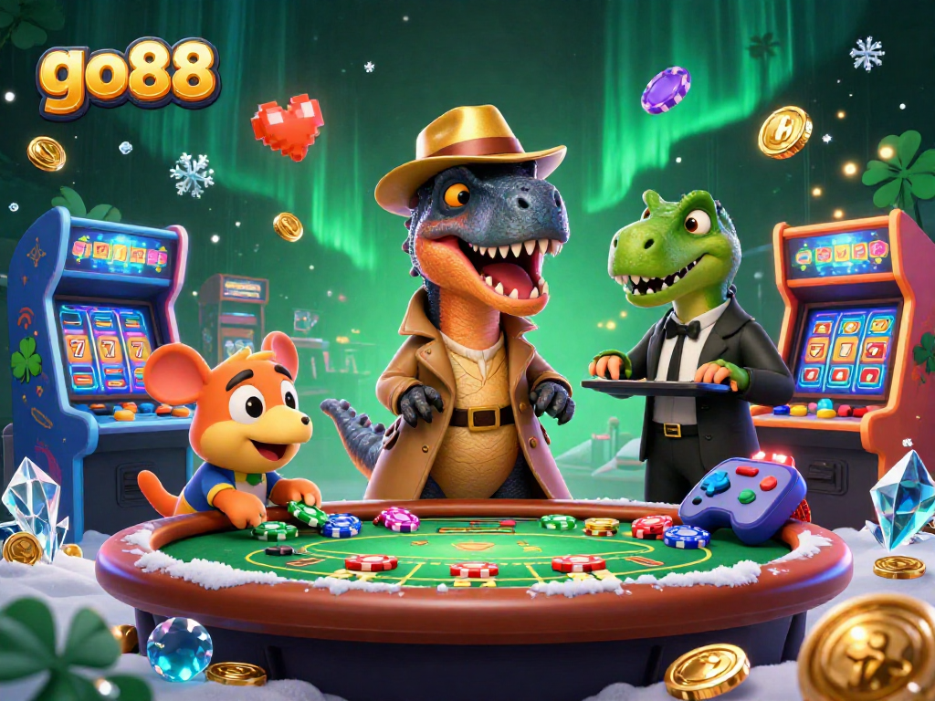 Go88 casino scene with a raptor card counter, vivid arcade games, and exciting gambling action.
