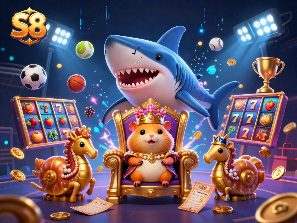 S8 showcases a golden hamster king in a 3D casino with vibrant slots and sports elements, energizing the gaming experience.