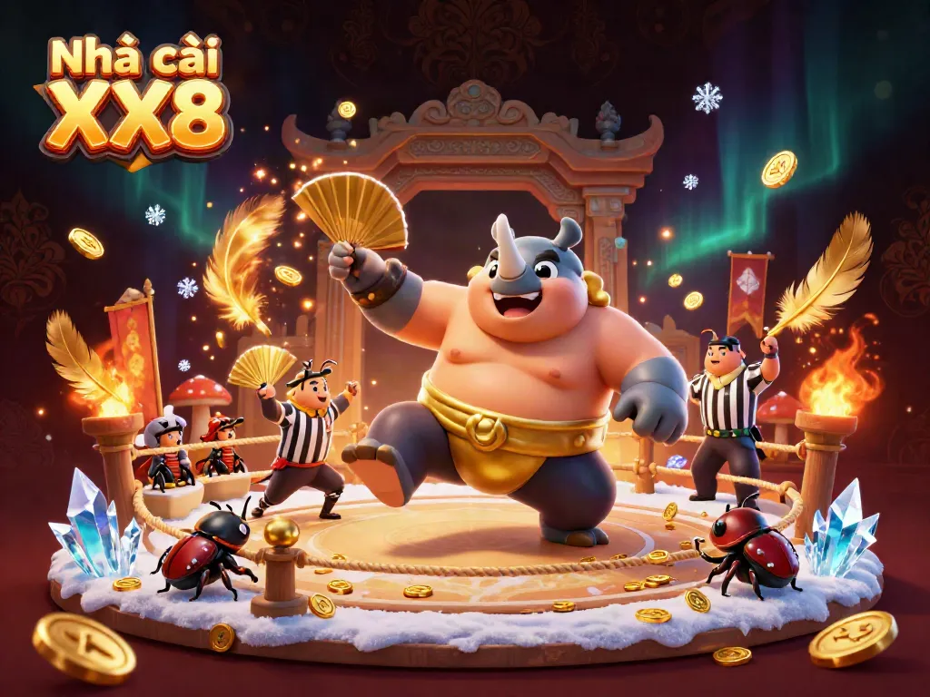 Experience thrilling action at Nhà cái XX8 with a dynamic illustration featuring a beetle champion and magical elements.