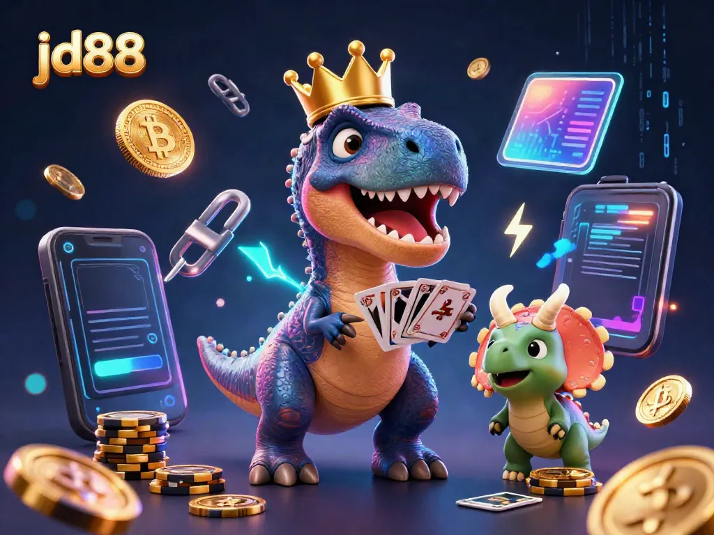 Experience the excitement of jd88 with cartoon dinosaurs playing cards and stacking chips in a vibrant casino scene.