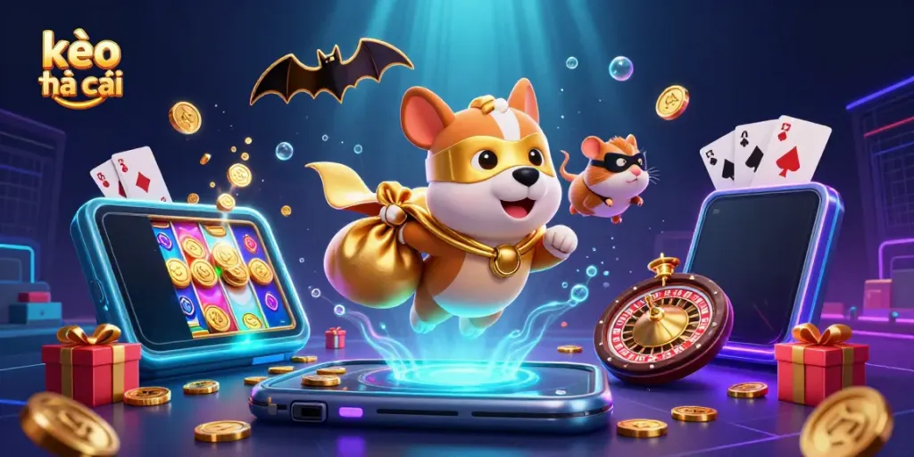 Engage in kèo nhà cái strategies with a superhero dog and sidekick in an action-packed casino scene.