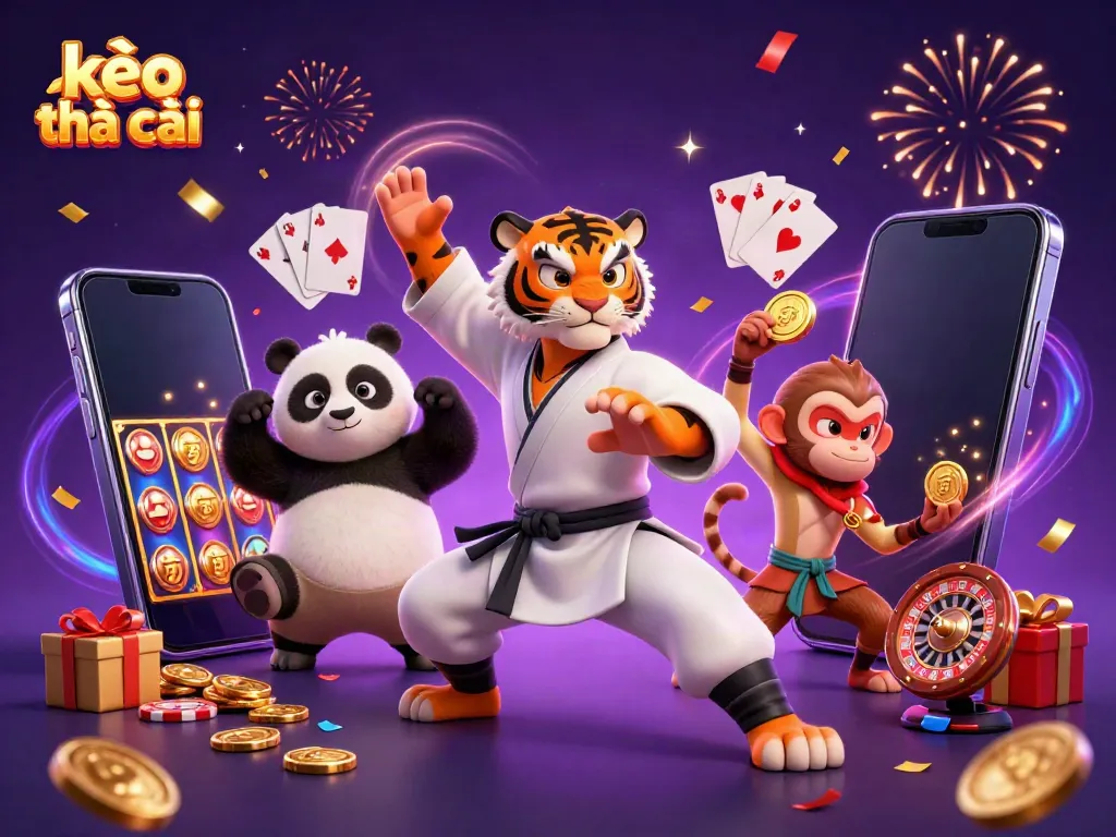 Experience thrilling kèo nhà cái action with a kung fu tiger mastering bets in a vibrant casino scene.