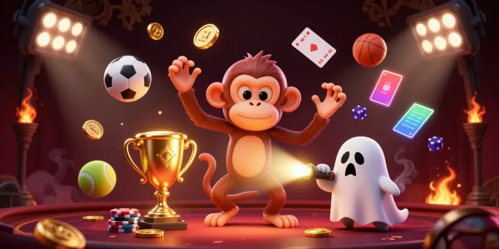 Experience thrilling gameplay at JJJPH with a ghostly monkey juggling golden casino treasures in a haunted atmosphere.
