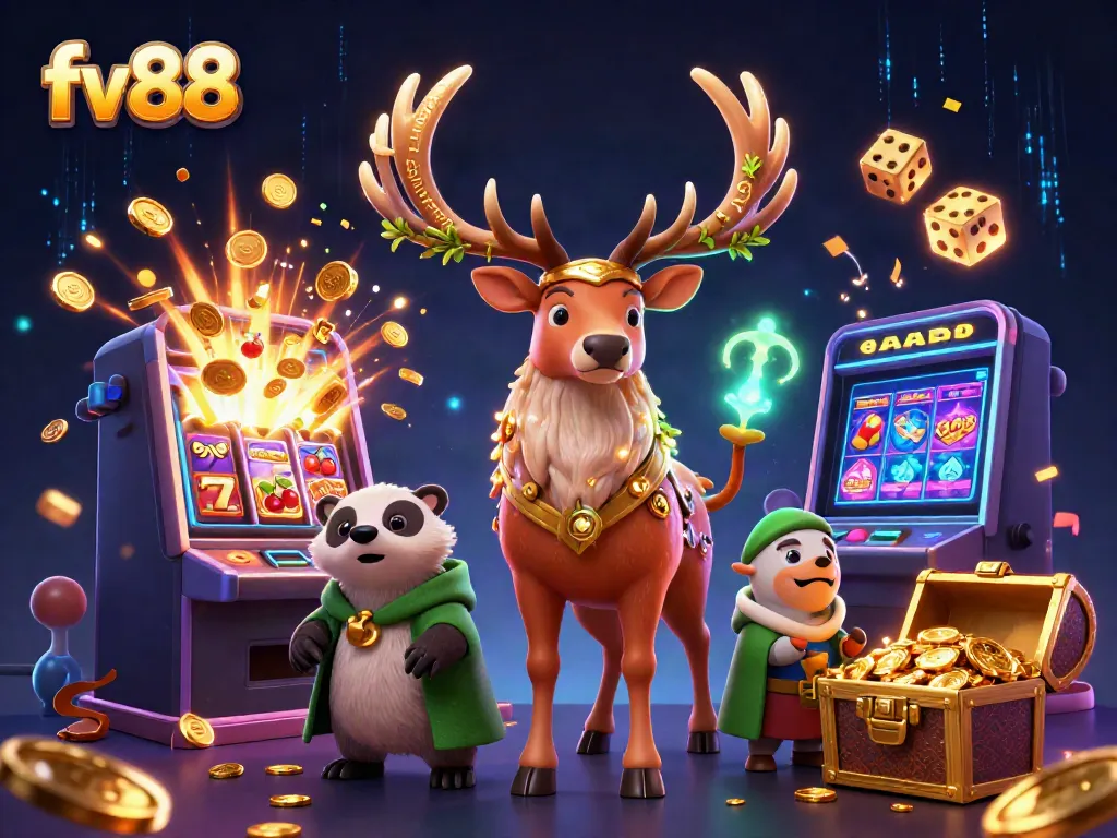 Experience the vibrant world of fv88 with a 3D druid stag, wise badger, and dynamic casino elements exploding around them.