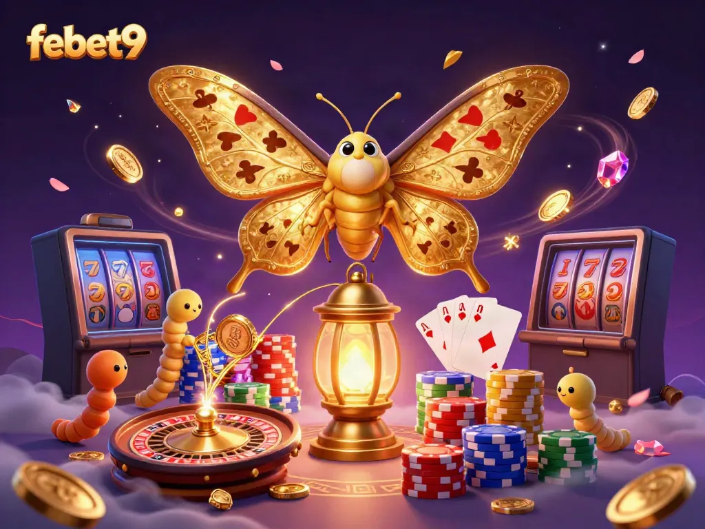 Experience vibrant gaming scenes with febet9, featuring animated moths, golden coins, and lively casino elements.