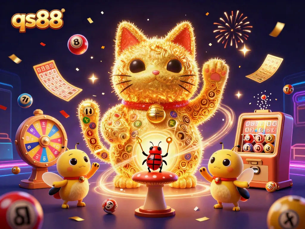 Experience the excitement of qs88 with a dynamic illustration of a lucky cat and casino symbols.