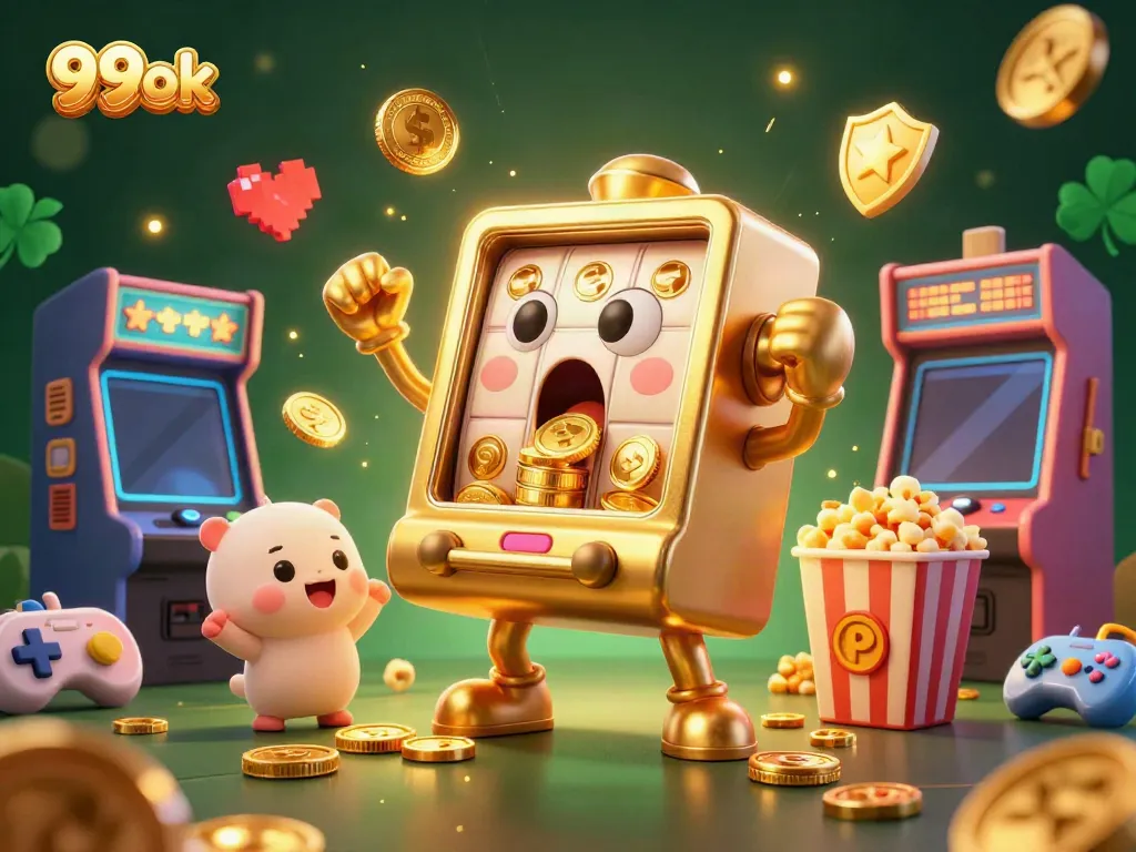 Watch the 99ok slot machine celebrating its jackpot wins with golden coins pouring out while baby machines cheer.