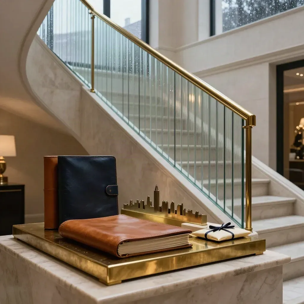 Mayfair townhouse interior with limestone stairs, brass rail, leather folios and skyline model.