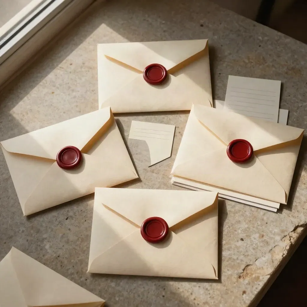 Overhead still life of sealed envelopes, cream cards, and red wax seals on stone.