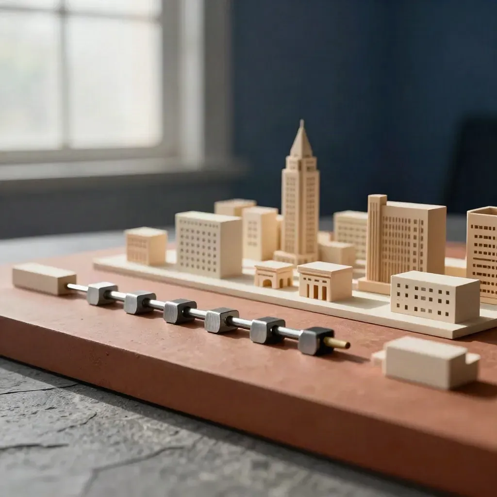 Ivory blocks and metal markers beside architectural maquettes in a sunlit finance atelier