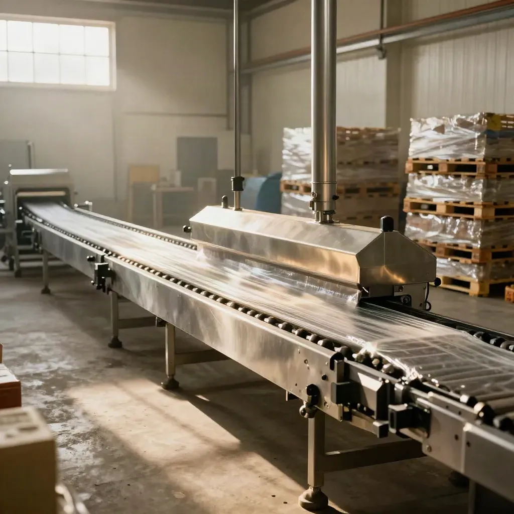 New production line running in a bright industrial bay with stacked pallets and suspended ducting.