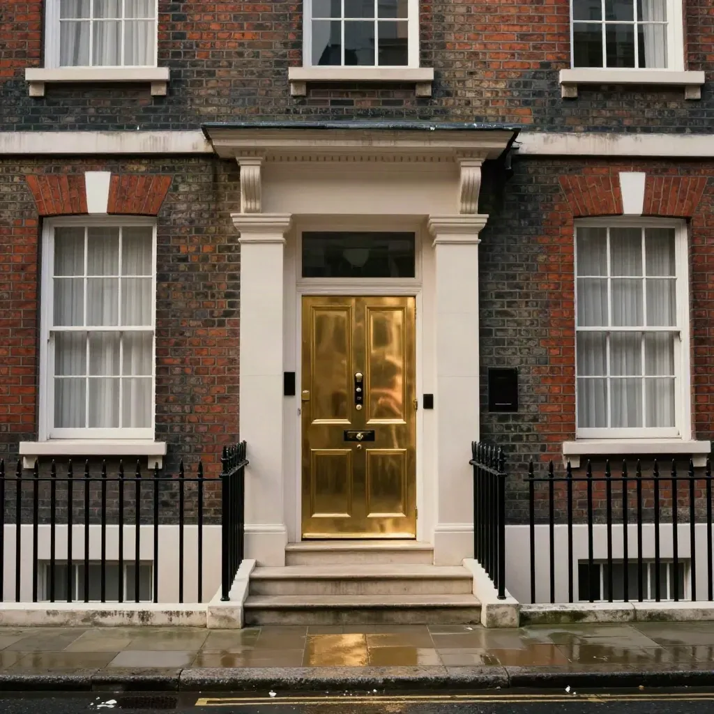 Restored London townhouse frontage with brass door furniture and fresh stone steps after rain.