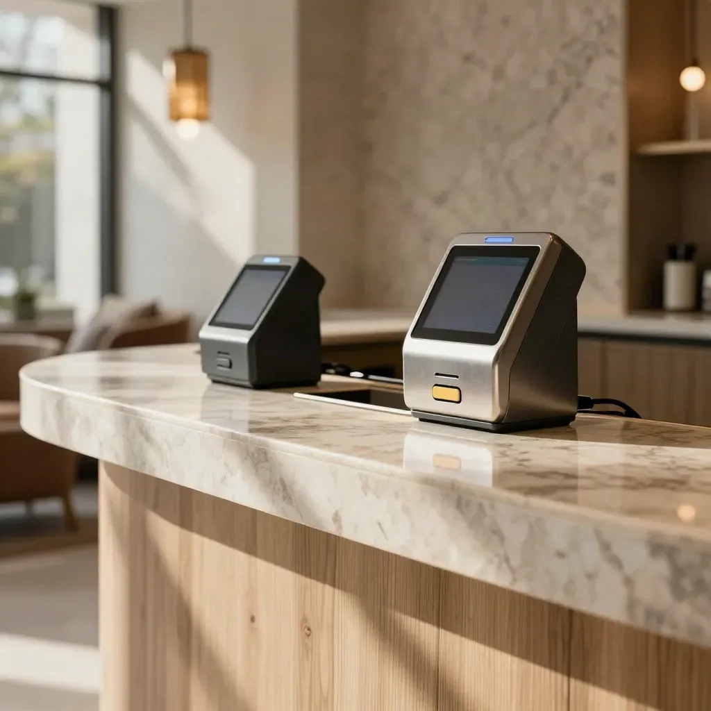 Boutique payments counter with card readers, marble and lit pedestal in a warm hotel lobby.