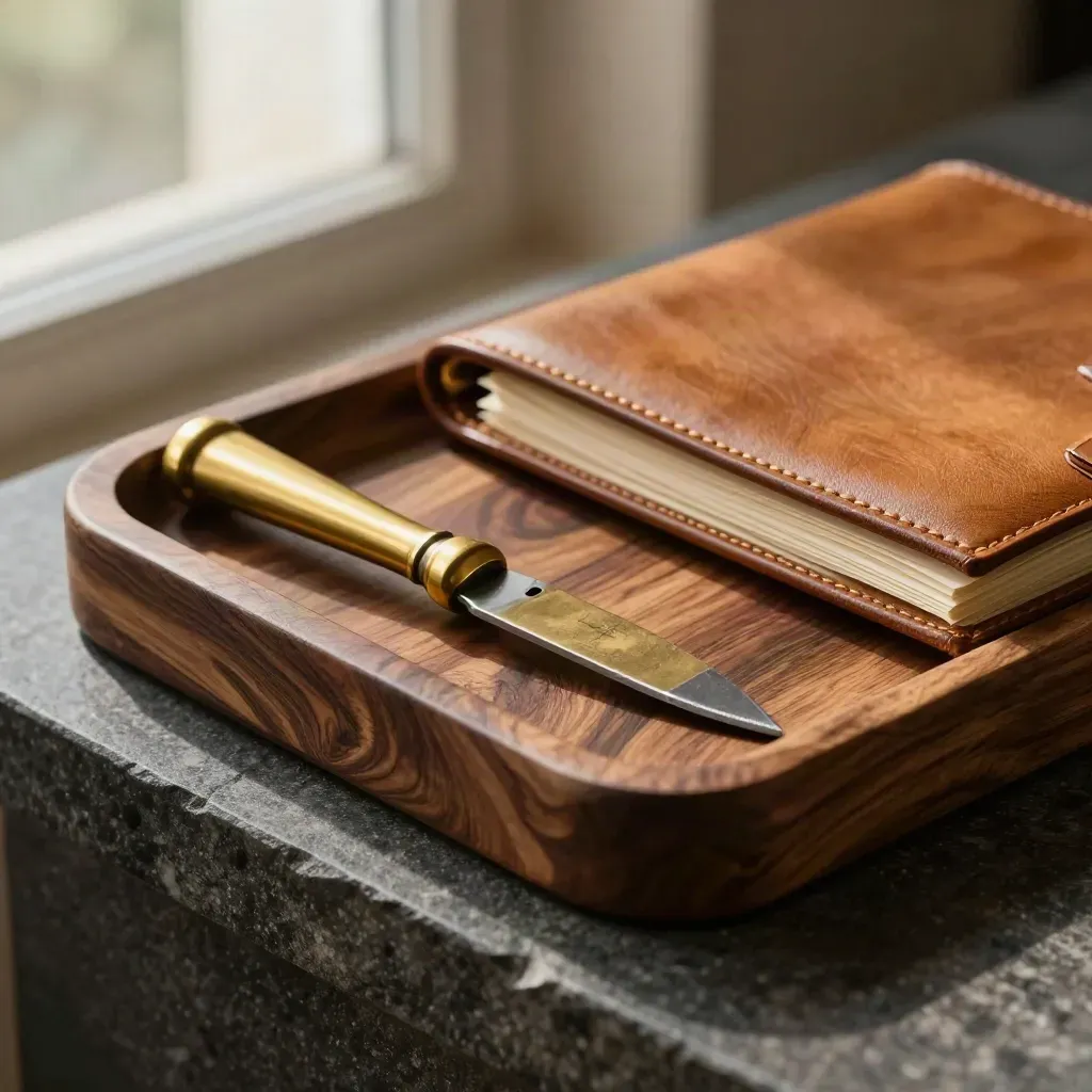 Macro close-up of a walnut letter tray, brass paper knife and leather folio on dark stone.