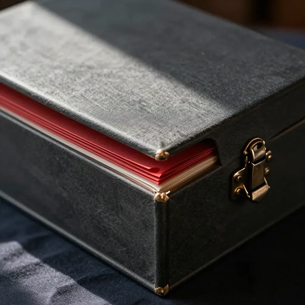 Sealed archive box with red tabs and inspection lamp on graphite cloth, top-down close-up.