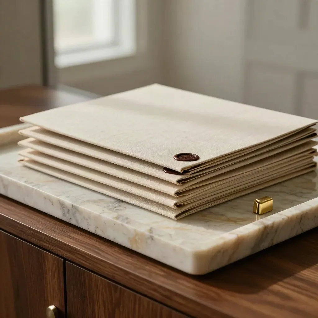 Sealed acquisition folders and a brass clip on travertine in a private viewing room.