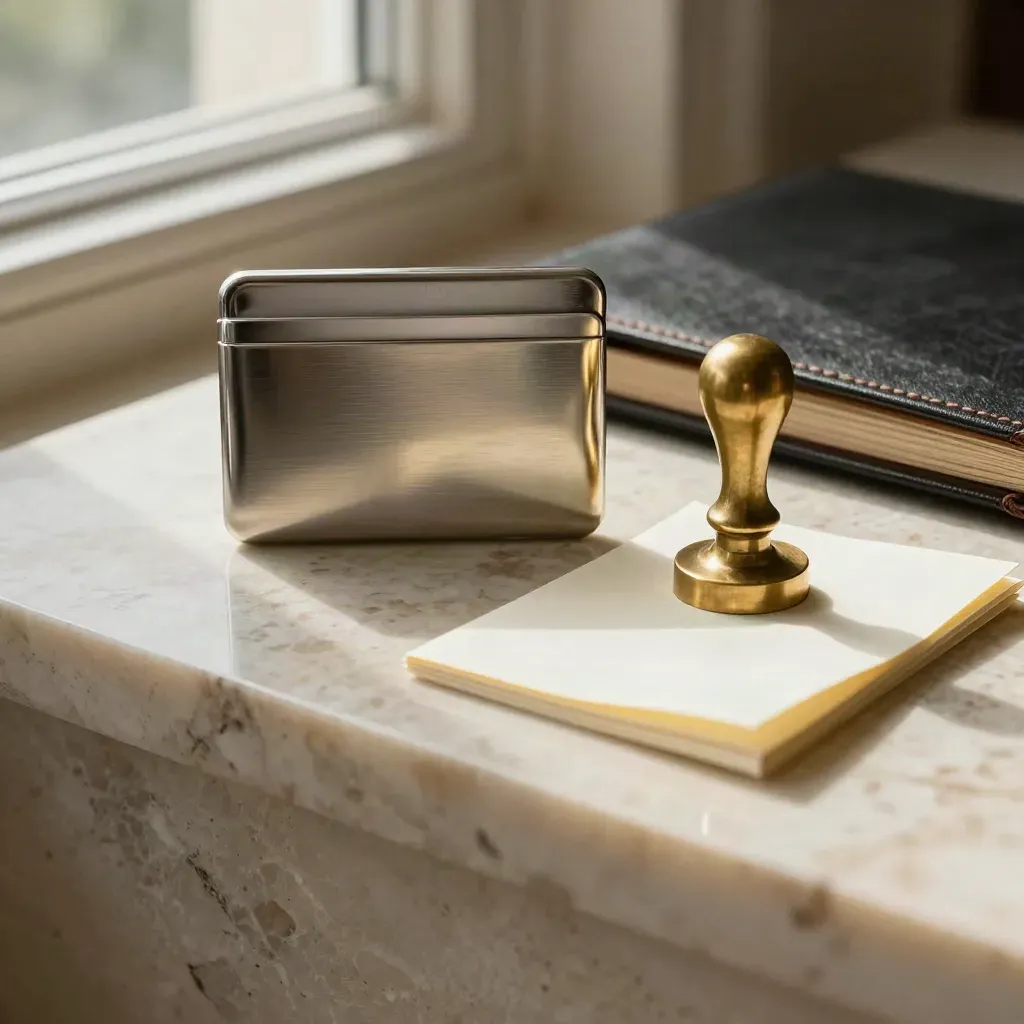 Travertine still life with card case, brass seal and folded ivory note sleeve in soft window light