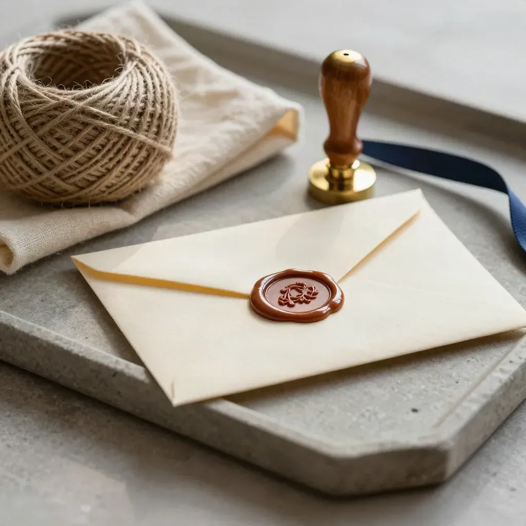 Wax seal on cream envelope beside twine and brass stamp on a stone tray, soft side light.