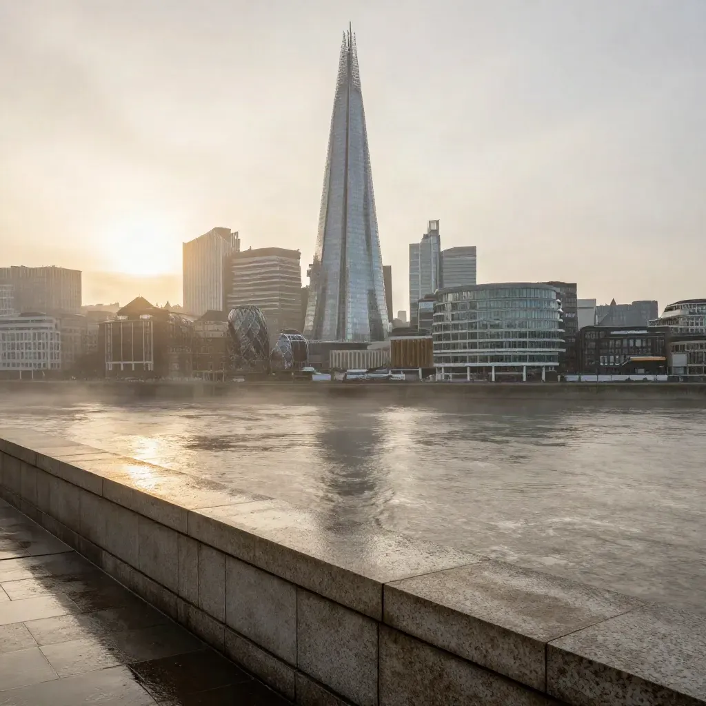 London skyline from a misty Mayfair rooftop at dawn, with the Shard high in frame.