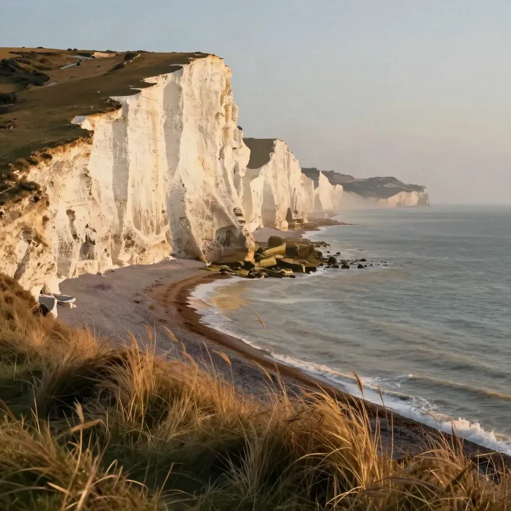 Golden chalk cliffs above a quiet Sussex shore, with misty sea and open calm water below.