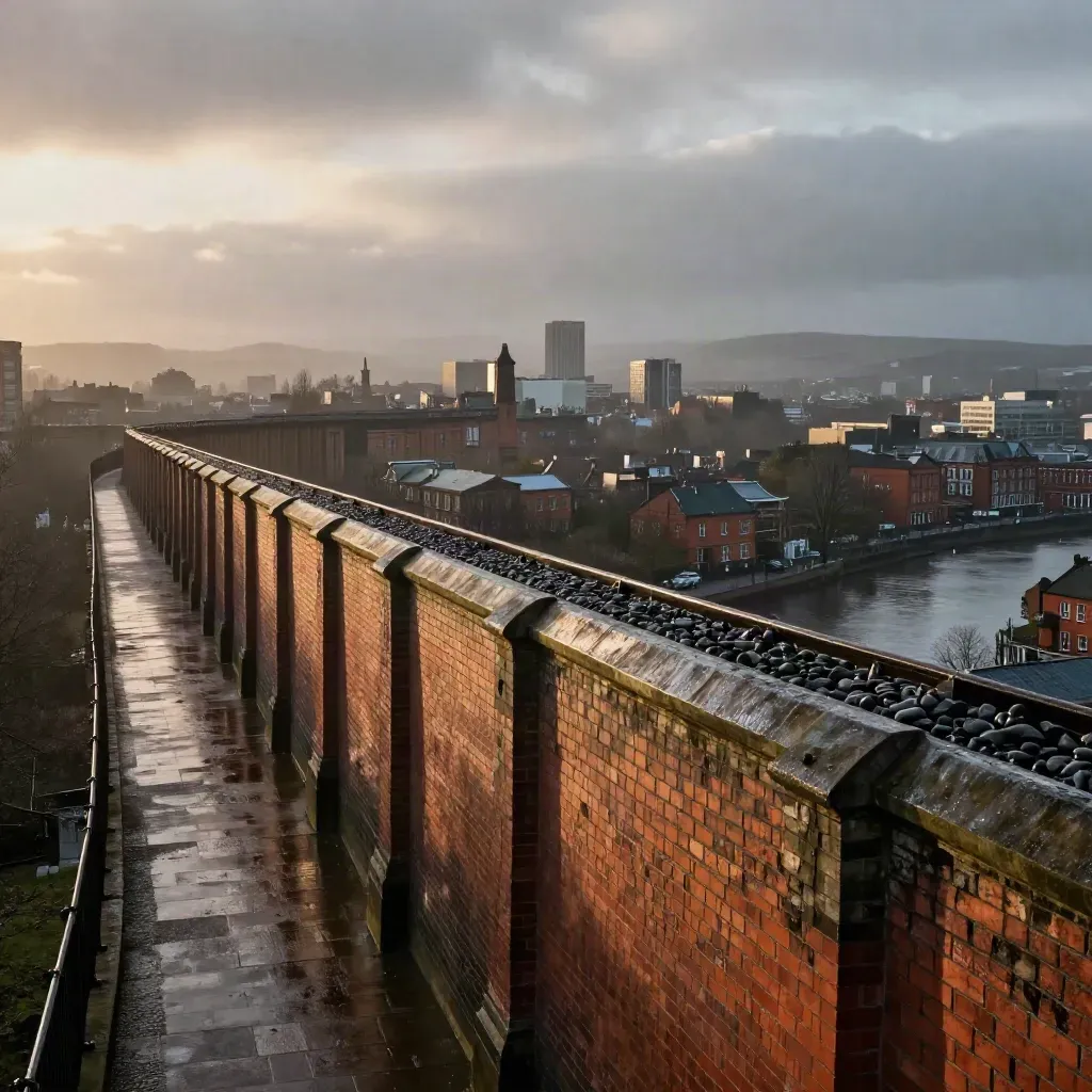 Manchester skyline from a wet red-brick viaduct with hills, mist and evening light.