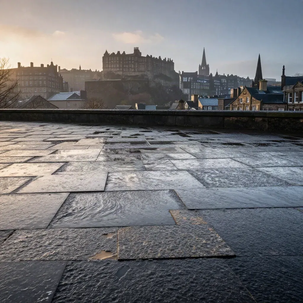 Wet granite paving before Edinburgh skyline in blue-hour mist and warm ridge light