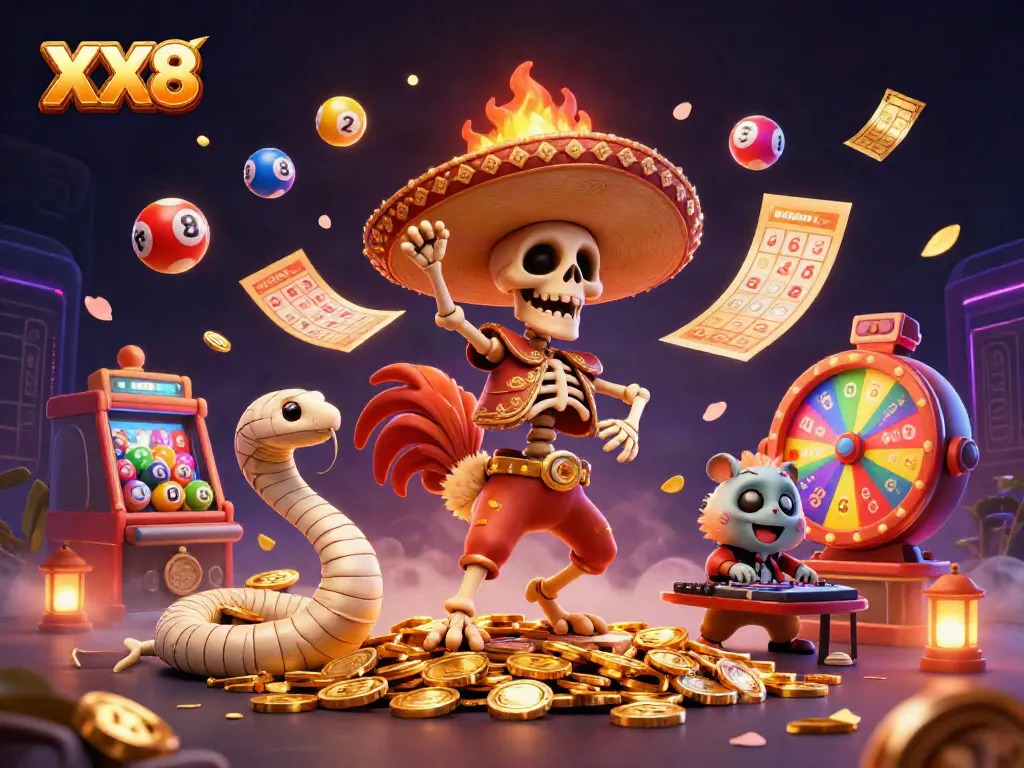 Engage in thrilling wins with XX8 amidst a vibrant casino celebration featuring colorful lottery elements.