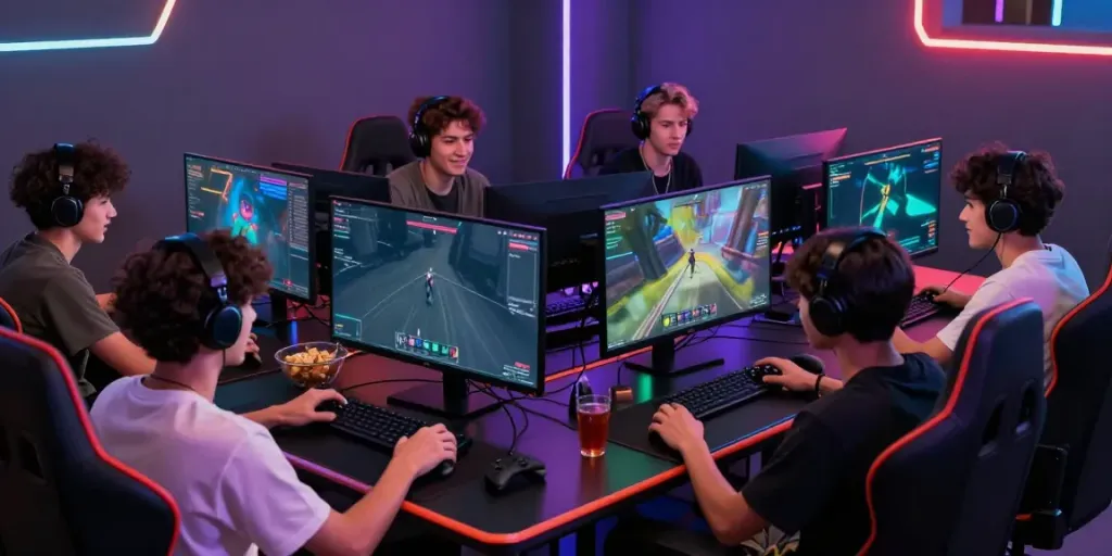 Friends enjoying an online gaming session at http://11bet-app.net/ featuring a lively and colorful setup.