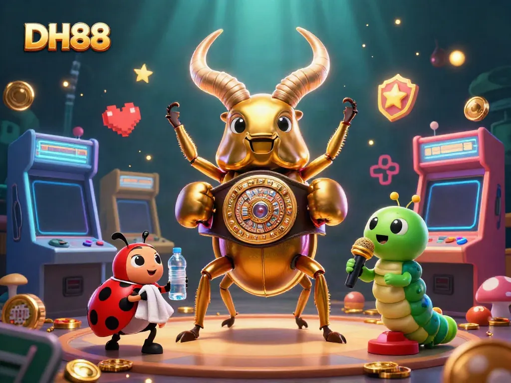 Experience the exciting gameplay of DH88 with a stunning 3D illustration of a golden stag beetle champion and casino elements.