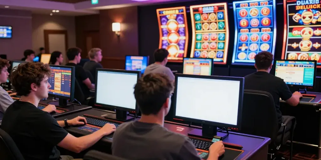 Players enjoying games at credit card casinos uk, using mobile devices in a vibrant casino environment.