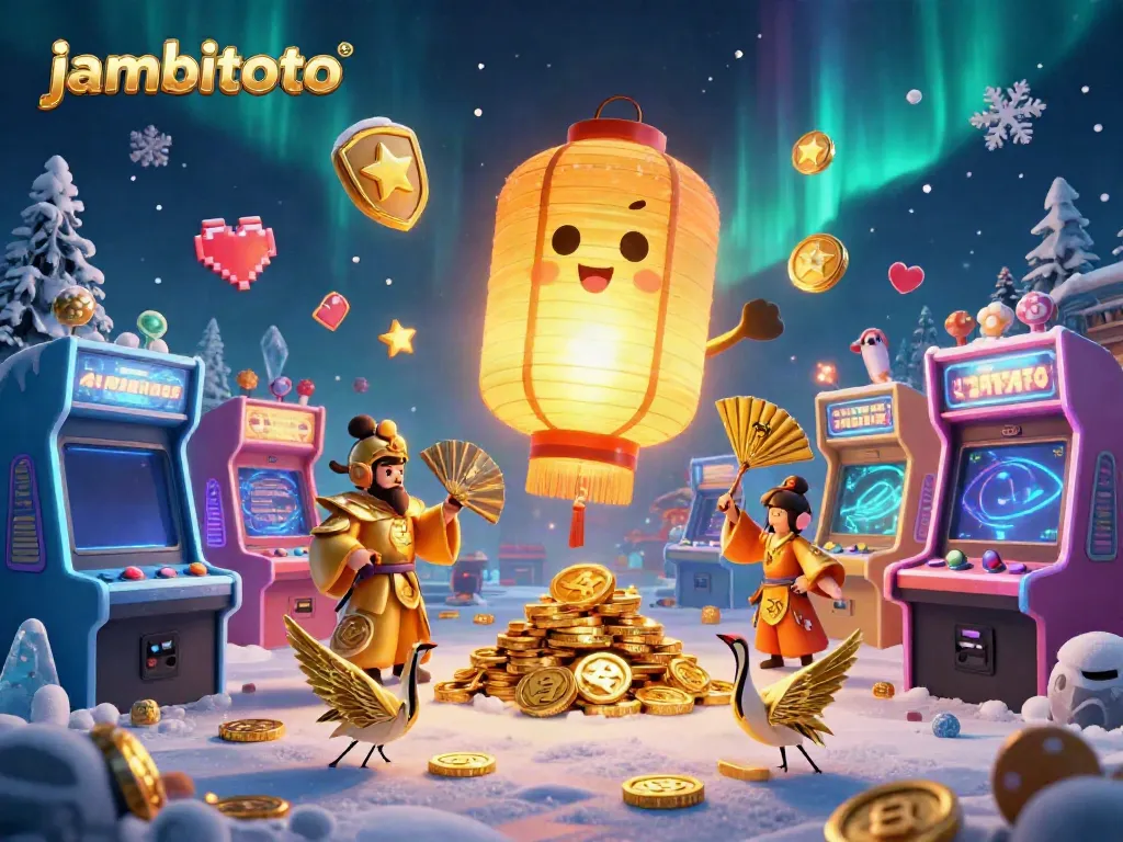 Engage with jambitoto's vibrant 3D casino world featuring a glowing lantern spirit and golden companions.