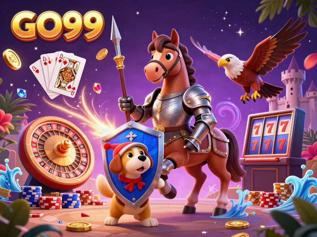 Experience thrilling wins with GO99 at this vibrant casino-themed illustration featuring a knight, squire, and falcon.
