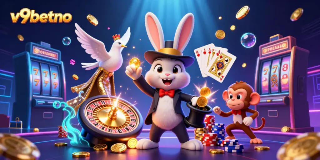 Experience thrilling gameplay with v9betno as a magician rabbit conjures golden coins amidst vibrant casino elements.