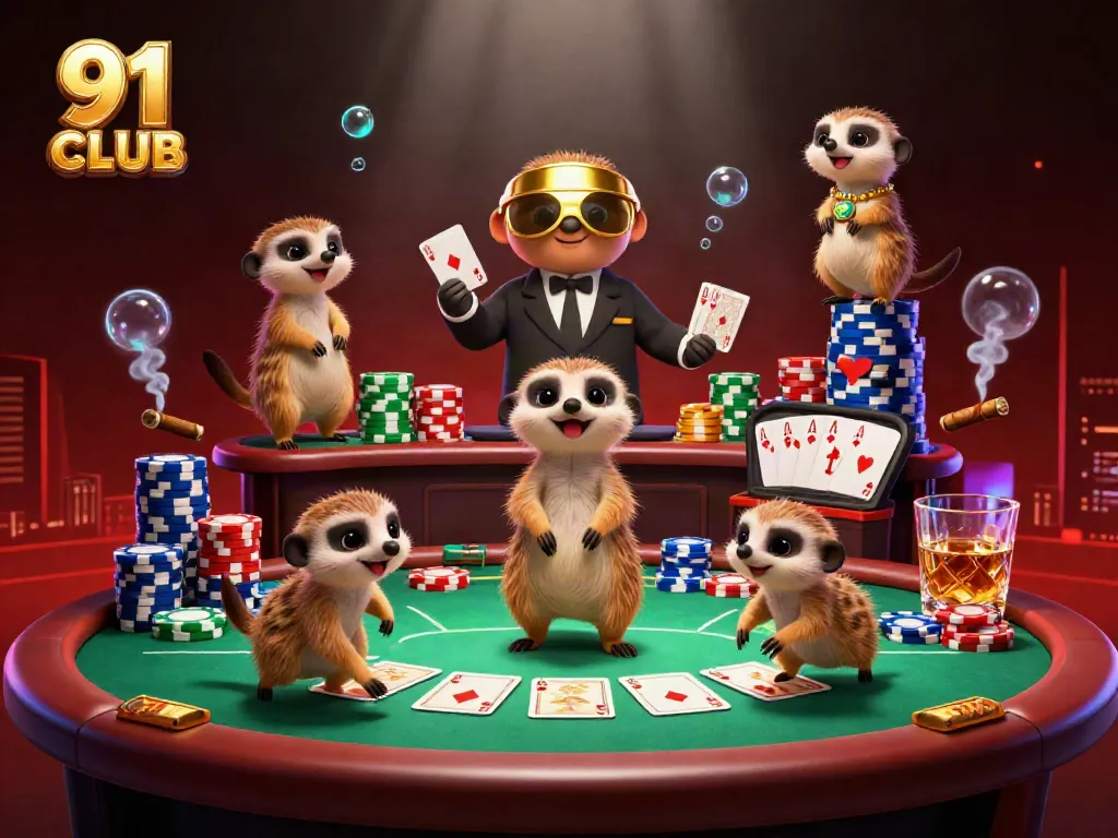 Engage in thrilling casino action at 91 CLUB with meerkats running a vibrant poker game.