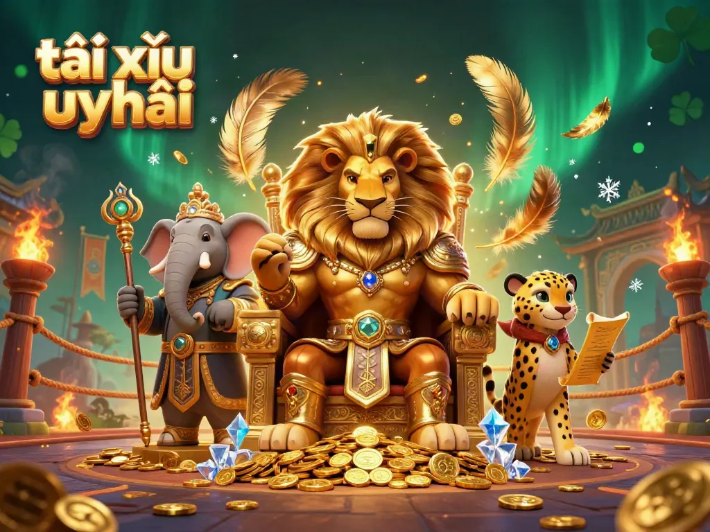 Experience the thrilling world of tài xỉu uy tín with a majestic lion king and vibrant casino elements.