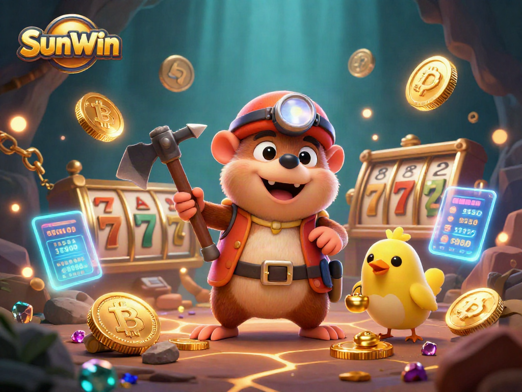 Engage with SunWin's thrilling slot experience featuring a treasure hunter mole, jackpot symbols, and glowing cryptocurrency elements.