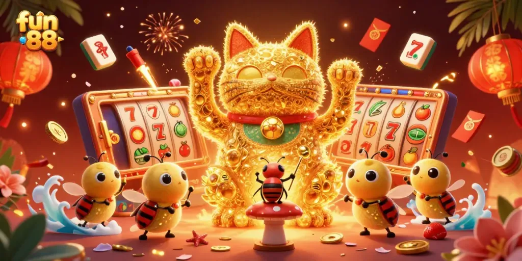 Engage with fun 88 at the vibrant casino showcasing playful elements and lavish game symbols.