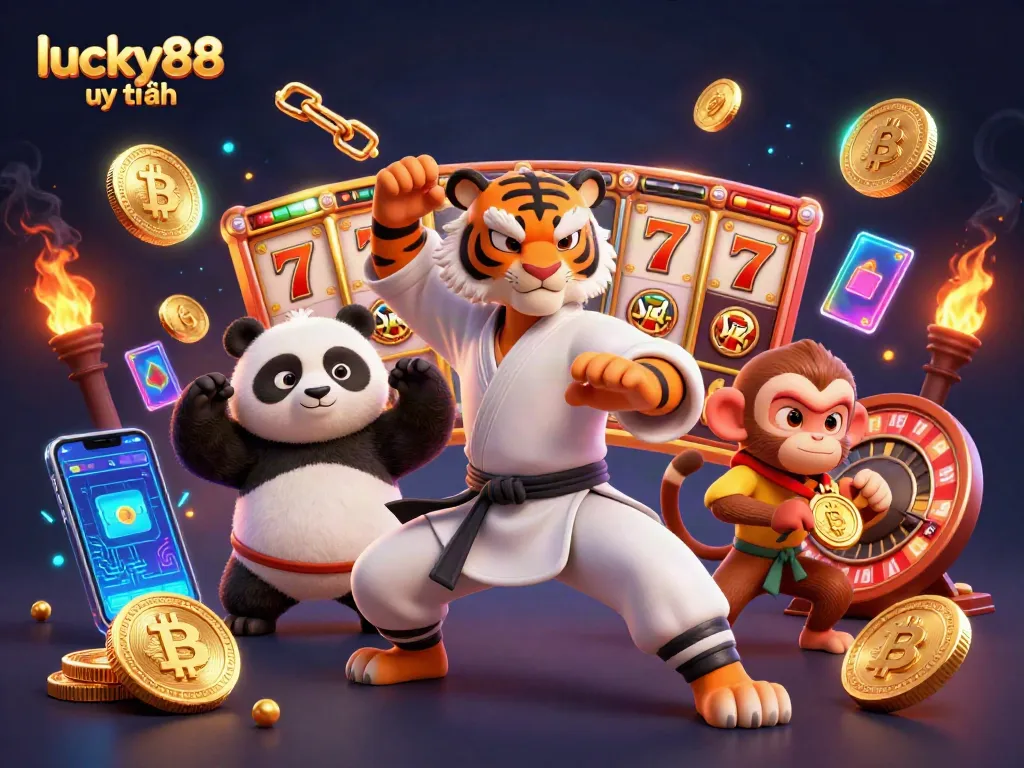 Win big at Lucky88 uy tín with an exciting scene featuring iconic gaming elements and vibrant characters.
