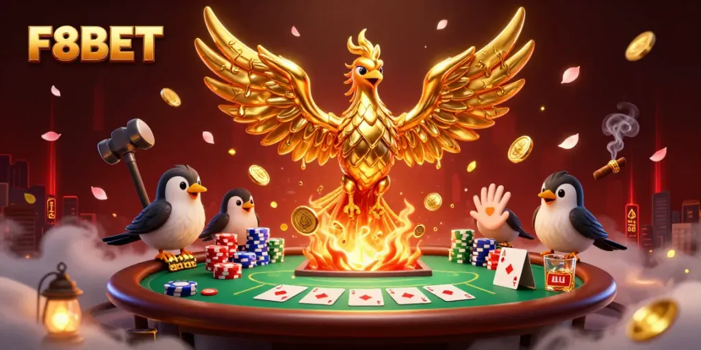 Experience thrilling gaming excitement with F8BET's vibrant casino scene featuring golden phoenix and poker atmosphere.