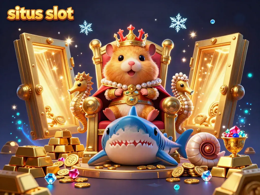 Spin to win at situs slot with a golden hamster king on a megalodon throne surrounded by treasure and jewels.