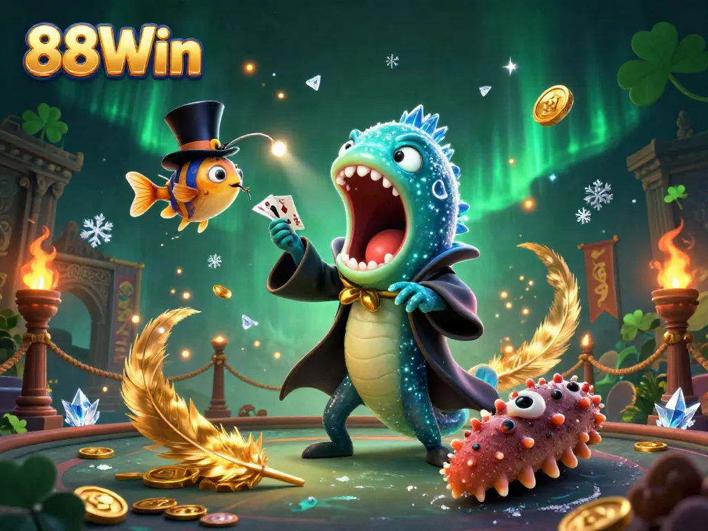 88Win casino scene with deep-sea creatures performing, showcasing vibrant slots and gold tokens.