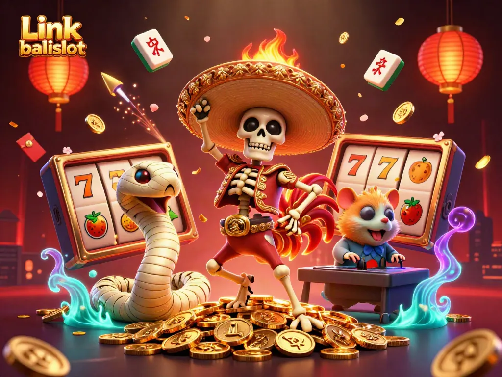 Experience the excitement of winning at Link balislot with vibrant visuals of dancing characters, slots, and festive decorations.
